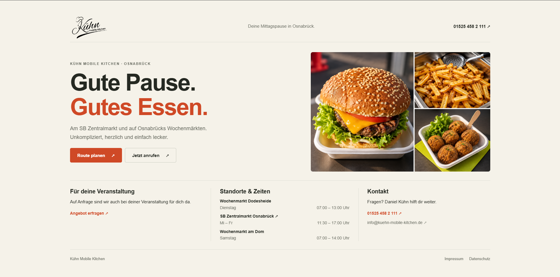 Website von Kühn Mobile Kitchen mit Speisen, Standorten, Öffnungszeiten und Kontakt